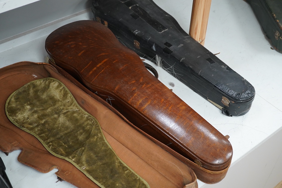 A late 19th century German violin in a Hill & Son oak case, with Hill canvas slip cover, together with an unbranded silver mounted bow, and another, ivory submission ref: 9HJU3B45 and ZC2E1GCP